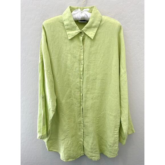 CHICO’S | 100% Linen Button Front Shirt Tunic Lime Green  | Size 2 Large - Picture 1 of 5